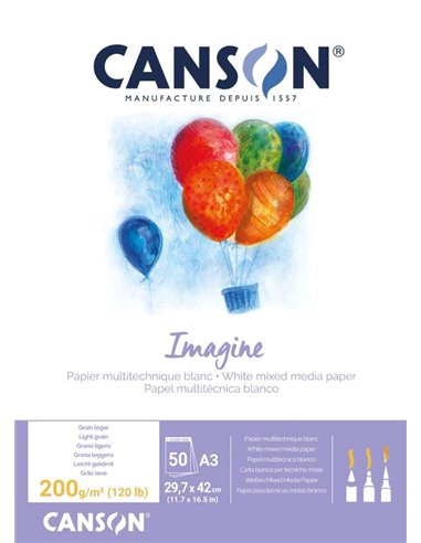 Bloc de 50 feuilles collées Canson Imagine A3 - Grain fin - 29,7 x 42 cm - 200 g - Blanc