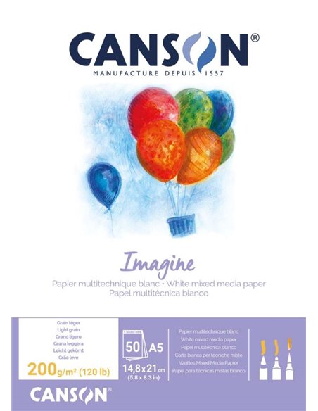 Bloc collé Canson Imagine de 50 feuilles A5 - Grain fin - 14,8 x 21 cm - 200 g - Blanc