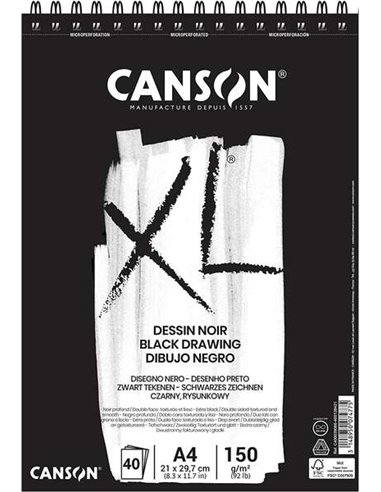 Bloc Canson XL Noir de 40 feuilles A4 150 g - Grain fin - Spirale microperforée - Noir