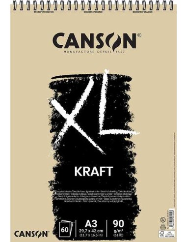 Carnet de croquis Canson XL Kraft ligné 60 feuilles A3 - Spirale microperforée - 29,7 x 42 cm - 90 g - Beige