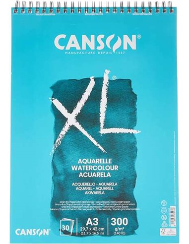 Album Canson XL Aquarelle Microperforé Spiralé 30 Feuilles A3 - Grain Fin - 29,7x42cm - 300g - Blanc