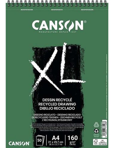 Carnet de croquis recyclé Canson XL 50 feuilles A4 - Spirale micro-perforée - Grain fin - 160 g - Blanc