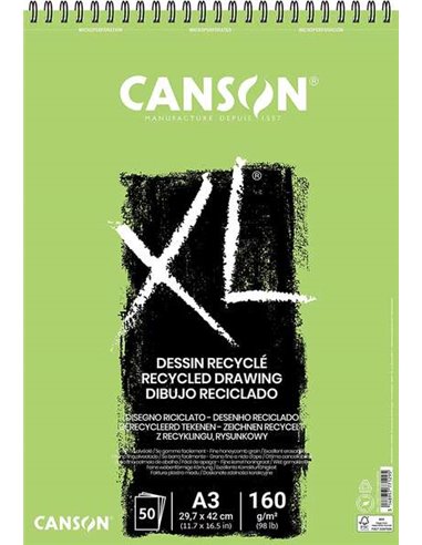 Carnet de croquis recyclé Canson XL 50 feuilles A3 - Spirale micro-perforée - Grain fin - 160 g - Blanc