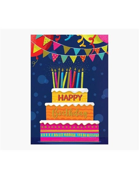 Carte illustrée en zigzag - 15 x 22 cm - Thème gâteau d'anniversaire - Trois volets non emballés - Enveloppe blanche incluse - P