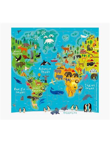 Carte puzzle illustrée - 15,5 x 15,5 cm - Thème carte du monde - 25 pièces - Comprend une carte pliée et une enveloppe blanche -