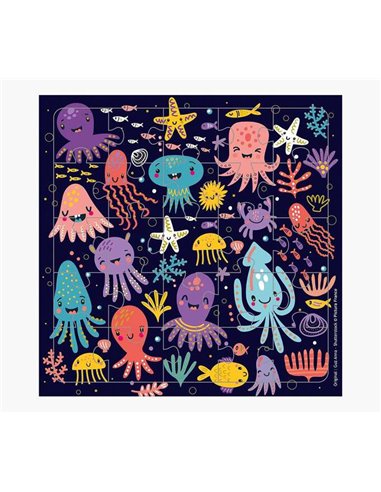 Carte puzzle illustrée - 15,5 x 15,5 cm - Thème animaux marins - 25 pièces - Comprend une carte pliée et une enveloppe blanche -