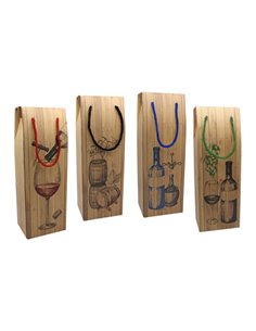Boîte/sac en carton Bismark avec poignée pour bouteilles – Finition effet bois – Dimensions 12,5 x 10 x 36 cm – 4 motifs assorti