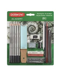 Coffret de croquis Derwent Academy : 6 crayons graphite de différentes duretés, 2 blocs graphite, 2 bâtons de croquis sans bois,