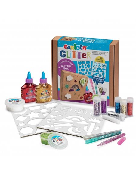 Pack Créateur de Paillettes Carioca de 13 Produits à Paillettes et 26 Modèles - 2 Bouteilles de Colle à Paillettes - 2 Pots de P