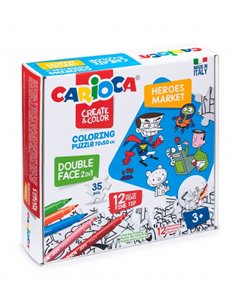 Puzzle de coloriage Carioca Super Héros et Marché 35 pièces recto verso + 12 marqueurs - Carton rigide et ajustements précis pou