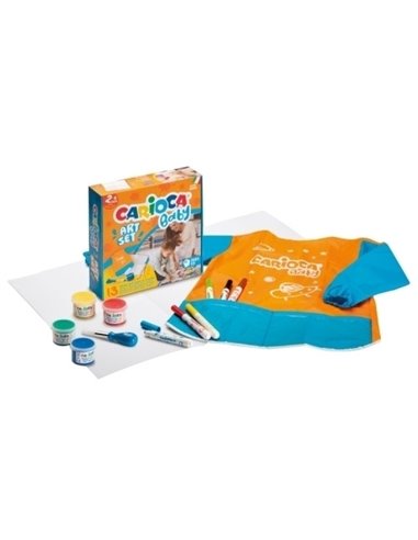 Coffret Carioca Baby Art, lot de 12 produits pour bébé : 1 feuille de papier, 1 tablier imperméable, 1 pinceau pour bébé 2+, 4 p