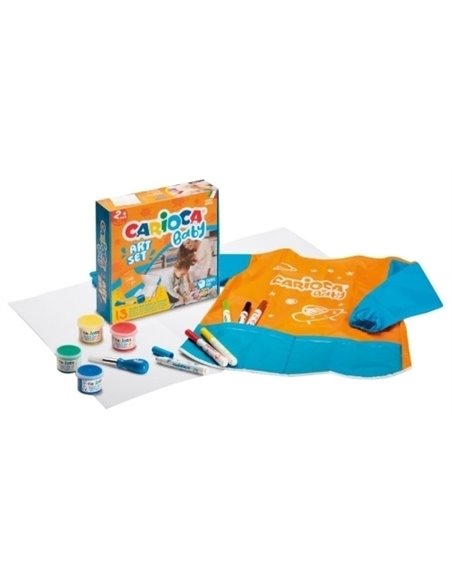 Coffret Carioca Baby Art, lot de 12 produits pour bébé : 1 feuille de papier, 1 tablier imperméable, 1 pinceau pour bébé 2+, 4 p