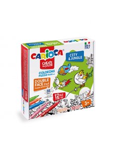 Puzzle de coloriage Carioca Create & Color City & Jungle 35 pièces recto verso + 12 marqueurs - Carton résistant et précis - Cou