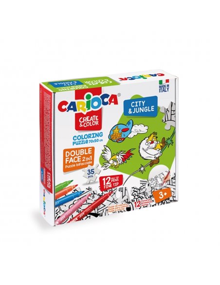 Puzzle de coloriage Carioca Create & Color City & Jungle 35 pièces recto verso + 12 marqueurs - Carton résistant et précis - Cou