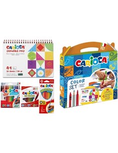 Coffret Carioca Color Set avec 12 crayons, 12 marqueurs et 12 crayons de couleur + bloc à dessin A4 - Couleurs assorties