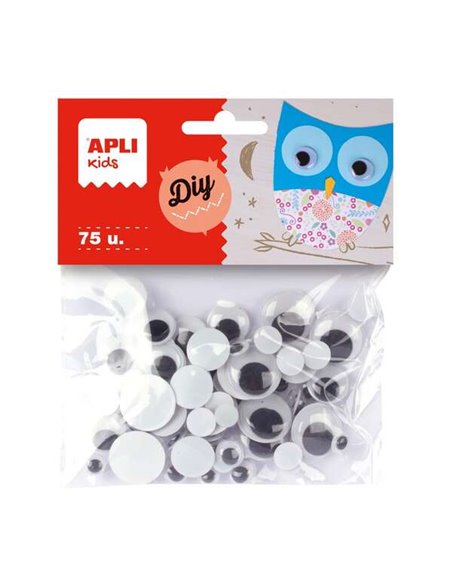 Lot de 75 yeux mobiles ronds Apli - Tailles assorties Ø 8 mm, Ø 10 mm, Ø 16 mm et Ø 20 mm - Couleur noire