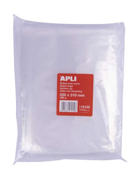 Sachet zip transparent auto-fermant Apli, 220 x 310 mm, en PEBD, fermeture sécurisée et manipulation aisée, idéal pour un usage 