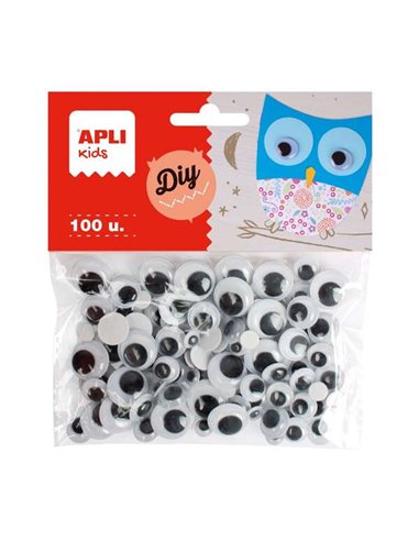 Lot de 100 yeux mobiles ronds adhésifs Apli - Tailles assorties Ø 7 mm, Ø 10 mm, Ø 12 mm et Ø 15 mm - Couleur noire