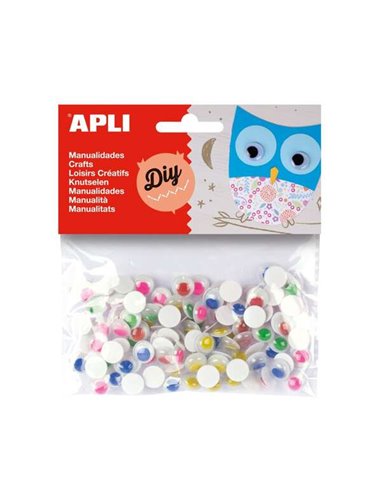 Lot de 100 yeux mobiles ronds adhésifs Apli - Tailles assorties Ø 10 mm - Couleurs assorties