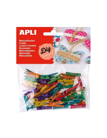Lot de 45 mini pinces à linge en bois naturel Apli 25 x 3 mm - Couleurs assorties