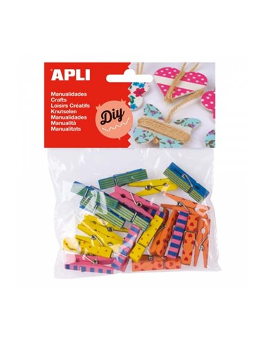 Pinces à linge en bois Apli Mini - Imprimés assortis - Idéales pour décorer et ranger cartes, photos, cadeaux et plus encore - C