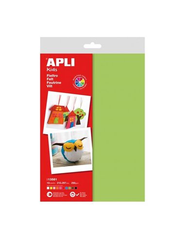 Lot de 10 feuilles de feutre Apli A4 - Épaisseur 250 g/m² - 40 % laine naturelle - Couleurs assorties