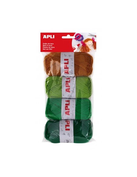 Pack de 4 pelotes de laine acrylique Apli - Tons verts combinables - Souple et résistante - Lavable en machine - Idéal pour trav