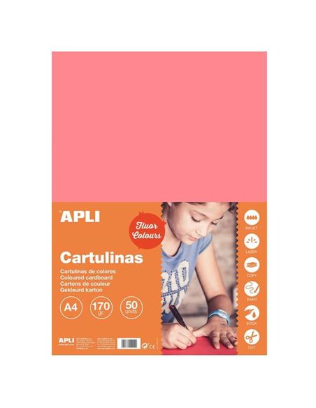 Papier cartonné rose fluo Apli A4 170 g, 50 feuilles