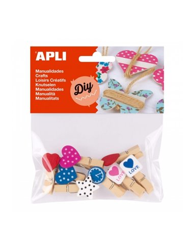 Mini pinces à linge en bois Apli - Formes assorties - Cœurs, étoiles et horloges - Idéales pour décorer et tenir des cartes, des