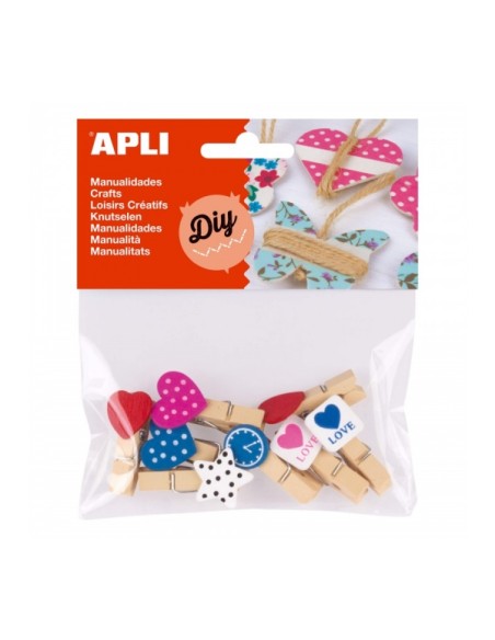 Mini pinces à linge en bois Apli - Formes assorties - Cœurs, étoiles et horloges - Idéales pour décorer et tenir des cartes, des