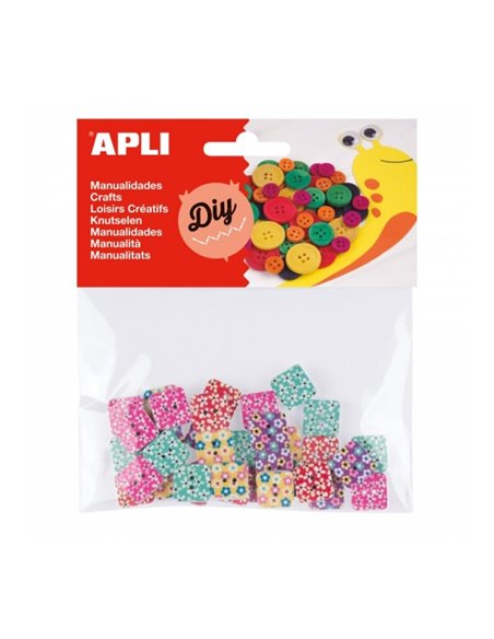 Boutons carrés en bois Apli - Imprimés assortis - Sachet de 35 - Idéal pour la couture, le bricolage et le scrapbooking - Couleu