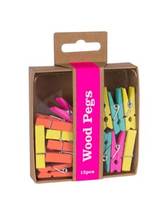Pinces à linge en bois Apli Fluor Collection - 15 couleurs fluorescentes - Boîte kraft avec trou Euro - Remplacement pour présen
