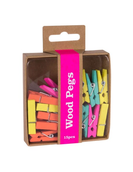 Pinces à linge en bois Apli Fluor Collection - 15 couleurs fluorescentes - Boîte kraft avec trou Euro - Remplacement pour présen