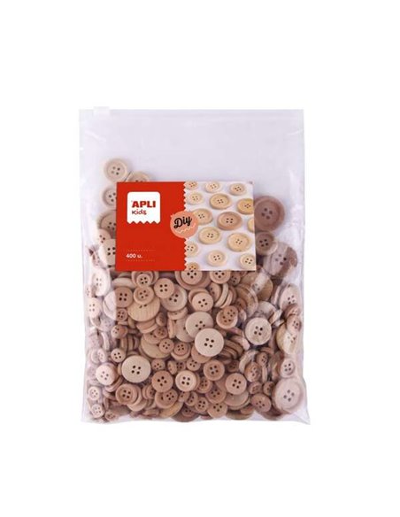Sachet de 400 boutons en bois naturel Apli Kids - Tailles : 10 mm, 15 mm, 20 mm, 25 mm, 30 mm