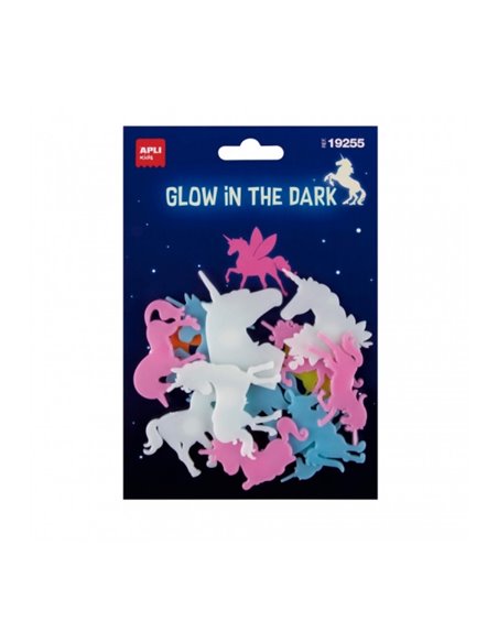 Licornes 3D luminescentes Apli - Plastique solide - Brille dans le noir - Adhésif permanent - Modèles et tailles assortis - Idéa
