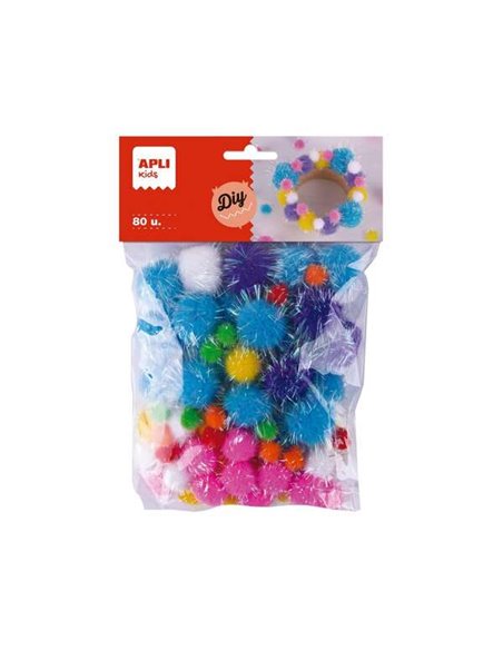 Sachet de 80 pompons pailletés Apli Kids - Tailles 10 mm, 20 mm, 25 mm - Couleurs assorties