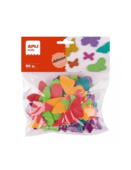 Lot de 50 papillons en mousse EVA Apli - Tailles assorties - 6 formes - Avec paillettes - Idéal pour les loisirs créatifs et les