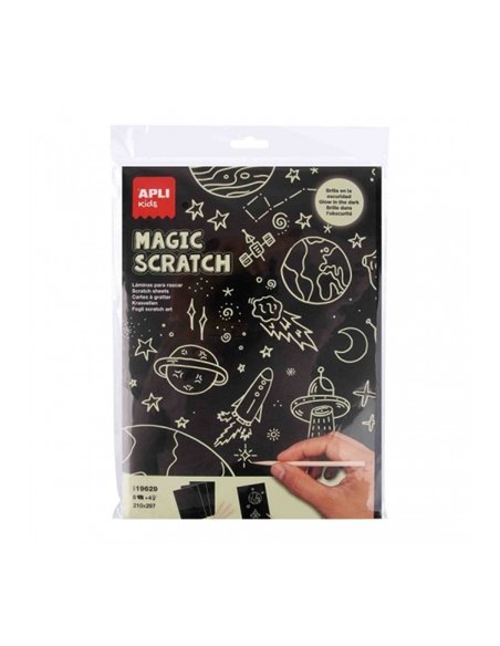 Feuilles phosphorescentes Apli Magic Scratch phosphorescentes - 8 feuilles - 4 bâtonnets en bois - Créent et brillent dans le no