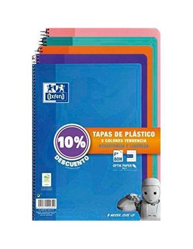 Oxford Classic Lot de 5 cahiers à spirale, format Folio quadrillé 4 x 4 mm, 80 feuilles, couverture plastique, couleurs tendance