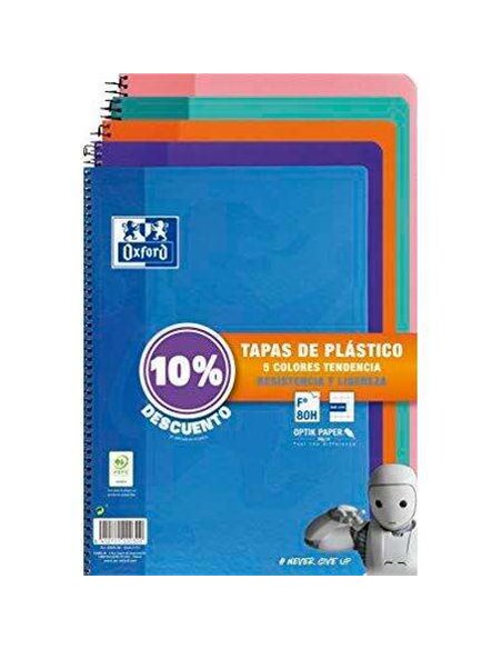Oxford Classic Lot de 5 cahiers à spirale, format Folio quadrillé 4 x 4 mm, 80 feuilles, couverture plastique, couleurs tendance