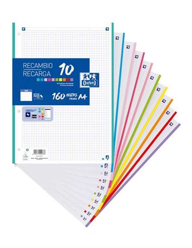Recharges Oxford 10 A4 quadrillées 5 x 5 mm 4 trous - 160 feuilles volantes - Bande 10 couleurs