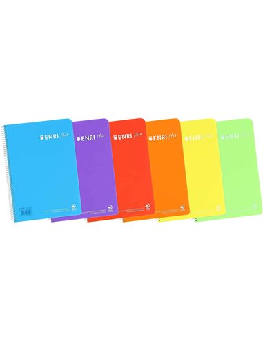 Cahier à spirales Enri Plus, format folio quadrillé, 4 x 4 mm, 80 feuilles, 90 g/m², avec marge, couverture plastique, couleurs 