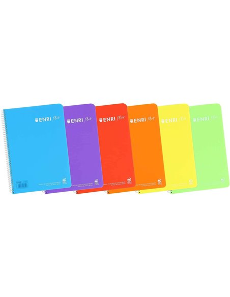 Cahier à spirales Enri Plus, format folio, 1 ligne - 80 feuilles, 90 g/m², avec marge - Couverture plastique - Couleurs assortie