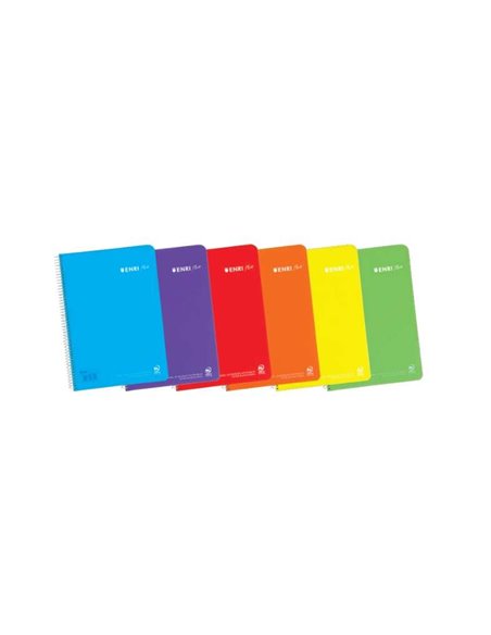 Cahier à spirales Enri Plus, format folio ligné, 3,5 mm - 80 feuilles, 90 g/m², avec marge - Couverture plastique - Couleurs ass