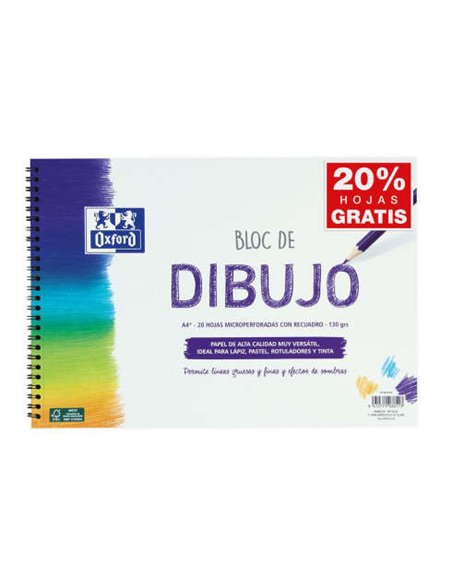 Carnet de croquis Oxford à spirales A4+ avec cadre - 20 feuilles microperforées 130 g/m² couleur naturelle - Papier à surface ru