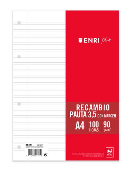 Recharge Enri Plus format A4 - Ligné 3,5 mm 4 trous - 100 feuilles 90 g avec marge