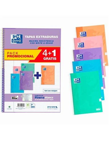 Oxford Classic Write & Erase Pack 4+1 5 cahiers à spirales format folio quadrillé 4x4 mm - 80 feuilles - Couverture extra rigide