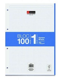 Bloc-notes collé Miquel Rius Bloc1 format A4 - 100 feuilles de 70 g avec 4 trous - Bande bleue - Fond cartonné - Grille 5x5