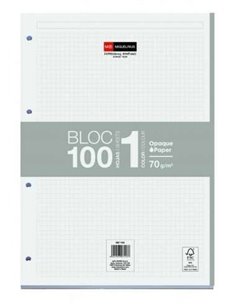 Bloc-notes collé Miquel Rius Bloc1 format A4 - 100 feuilles de 70 g avec 4 trous - Bande grise - Fond cartonné - Grille 5x5