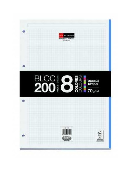 Bloc-notes collé Miquel Rius Bloc8 format A4, quadrillage 5x5 mm, 200 feuilles de 70 g avec 4 trous, base carton